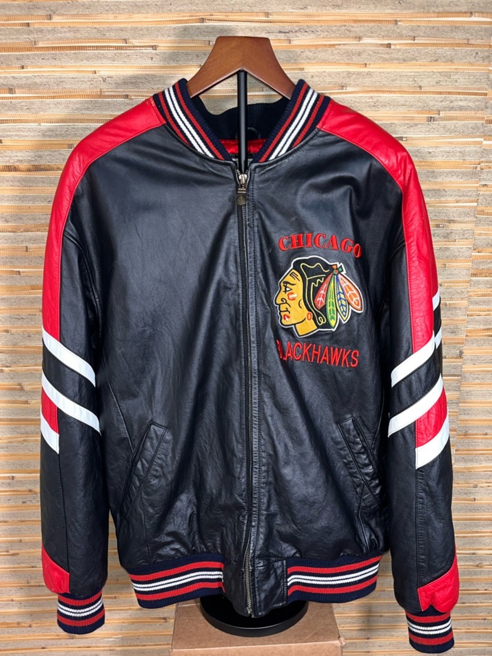 Vintage Chicago Blackhawks Black Leather Jacket Size Large